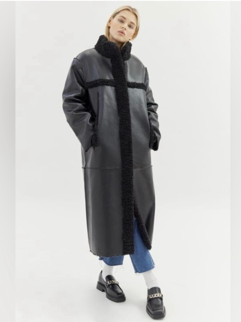 Apparis Black Long Faux Leather Shearling-Trim Coat